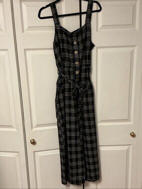 Black Plaid Button-Front Jumpsuit with Tie Waist